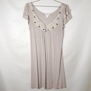 Y2K Crochet Trim Babydoll Midi Dress Dating Clothing Size Medium Taupe Cream
